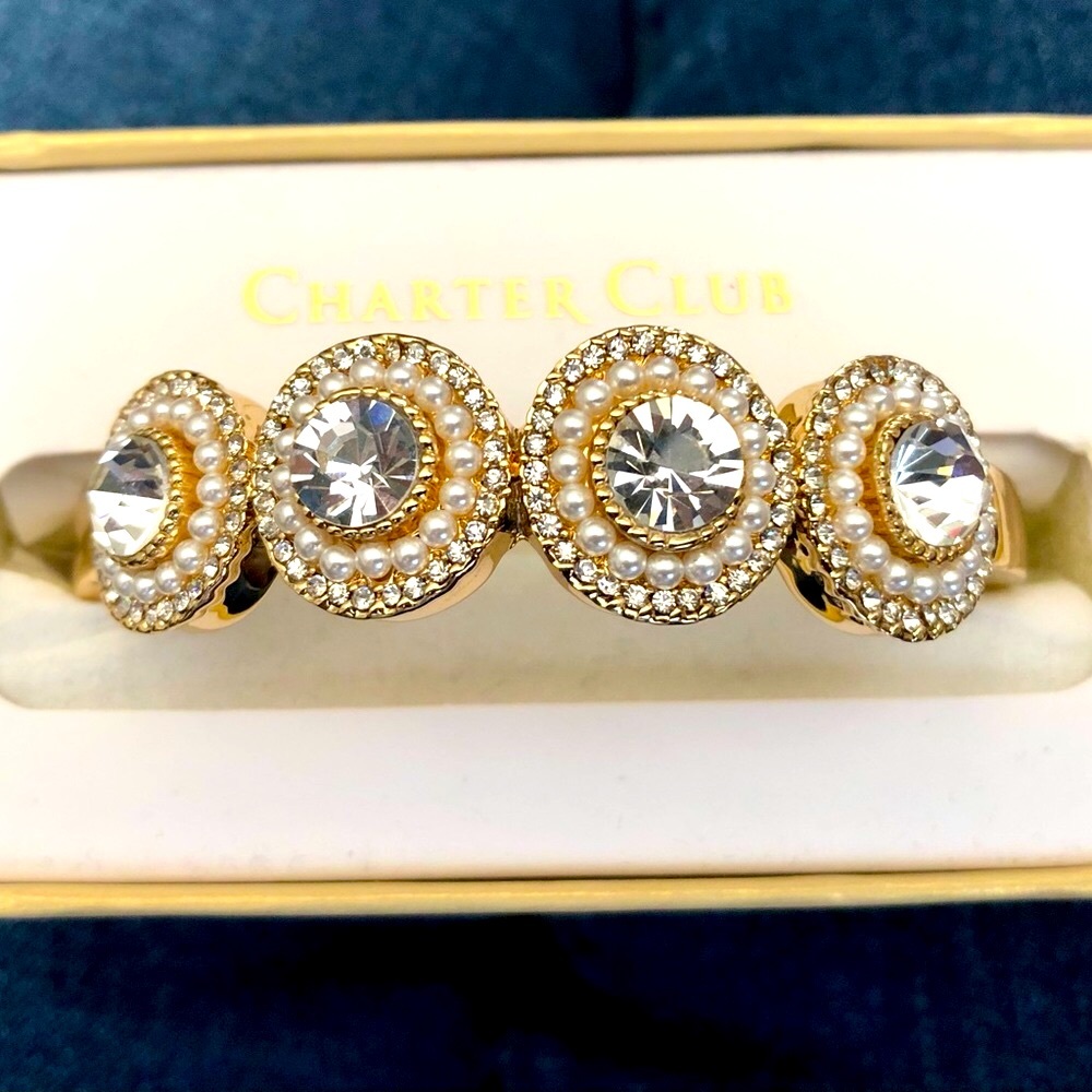 Charter Club Gold Tone Crystal Kiska Pearl cluster Bangle Bracelet NWT
